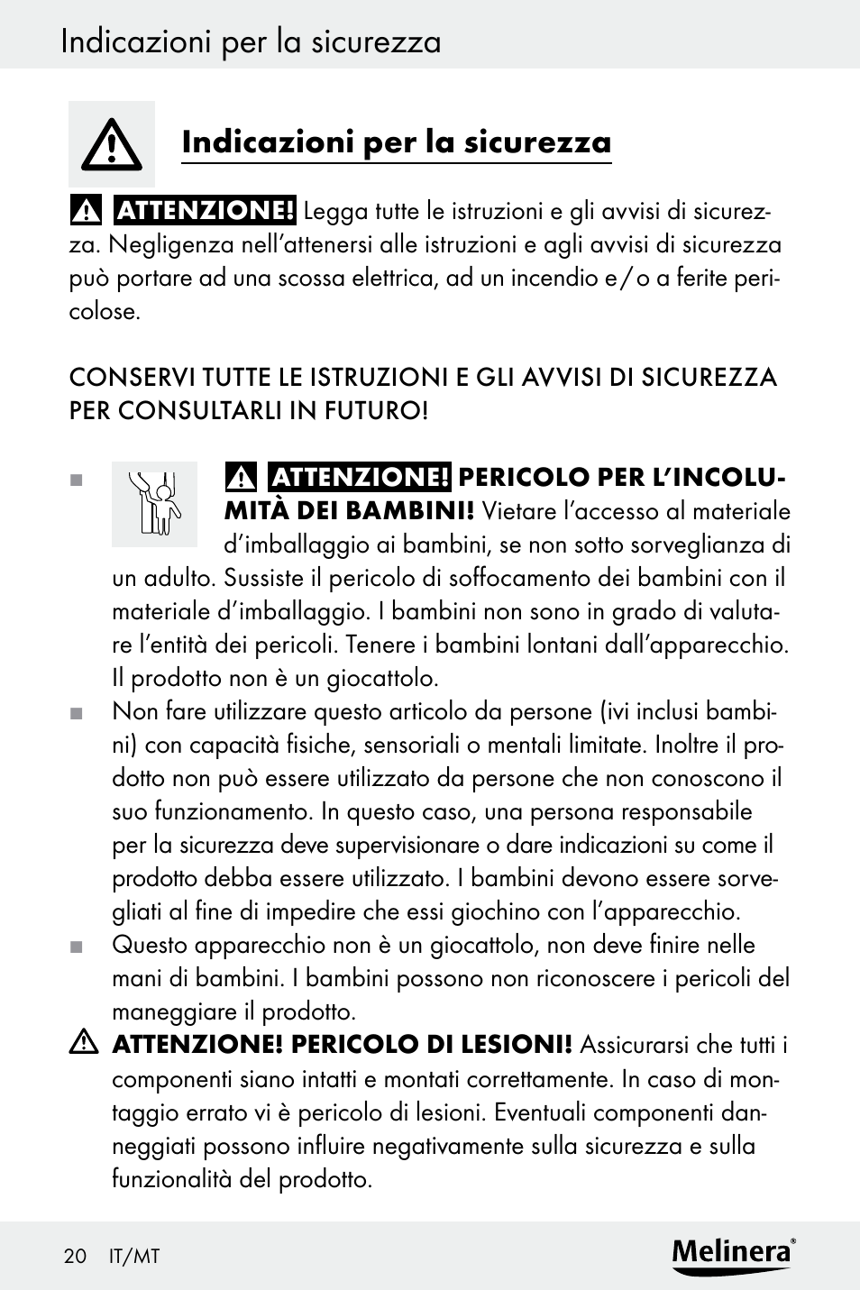 Indicazioni per la sicurezza | Melinera Z30094A-D User Manual | Page 20 / 68