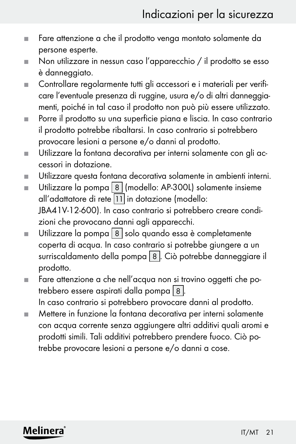 Indicazioni per la sicurezza | Melinera Z30094A-D User Manual | Page 21 / 68