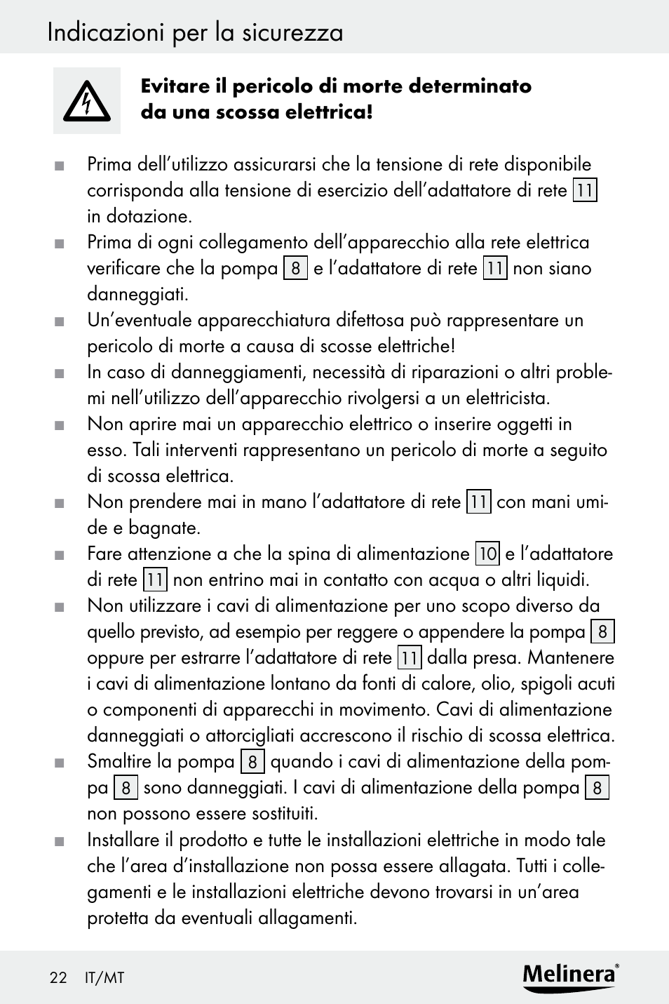 Indicazioni per la sicurezza | Melinera Z30094A-D User Manual | Page 22 / 68