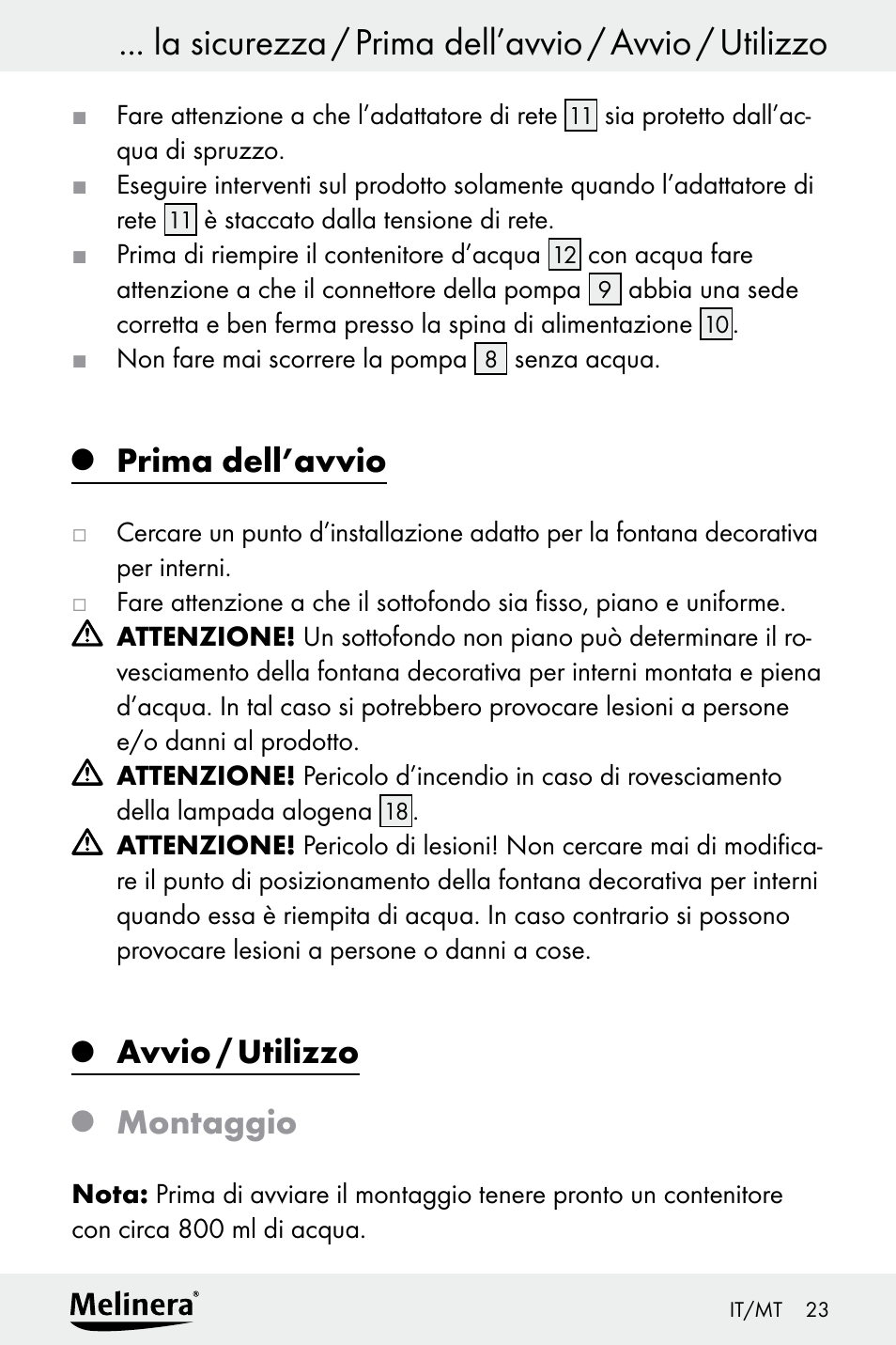 Prima dell’avvio, Avvio / utilizzo, Montaggio | Melinera Z30094A-D User Manual | Page 23 / 68