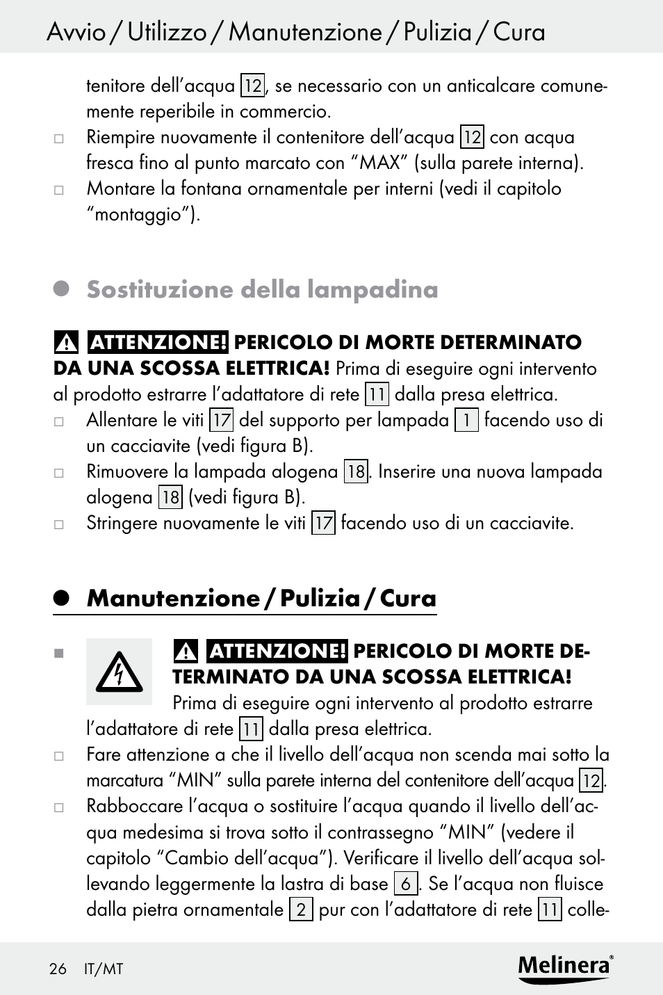 Avvio / utilizzo / manutenzione / pulizia / cura, Sostituzione della lampadina, Manutenzione / pulizia / cura | Melinera Z30094A-D User Manual | Page 26 / 68