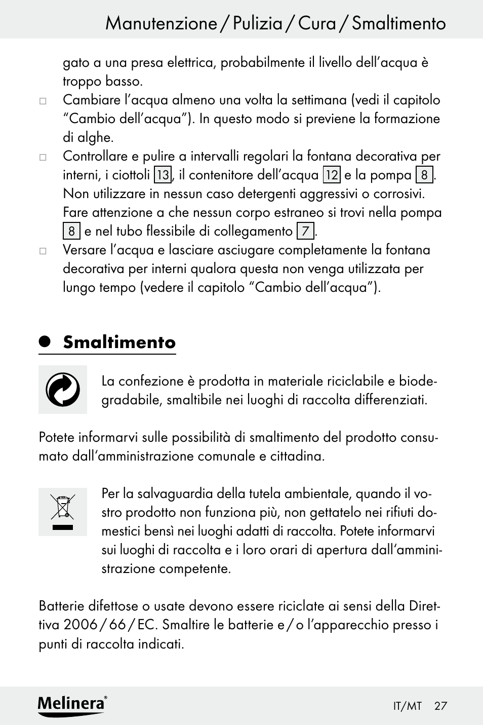 Smaltimento | Melinera Z30094A-D User Manual | Page 27 / 68