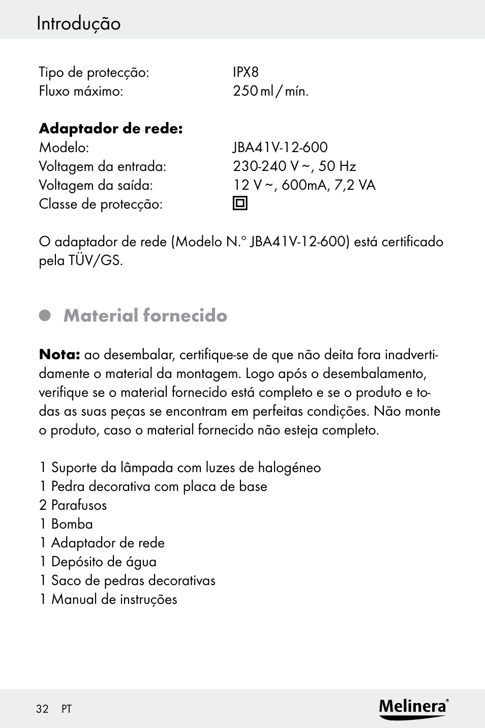 Introdução, Indicações de segurança, Material fornecido | Melinera Z30094A-D User Manual | Page 32 / 68