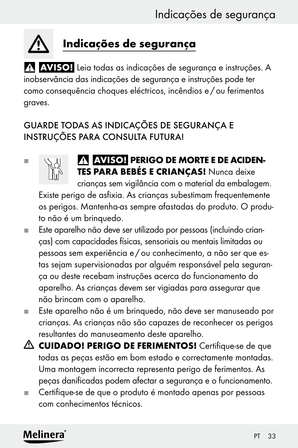 Indicações de segurança | Melinera Z30094A-D User Manual | Page 33 / 68