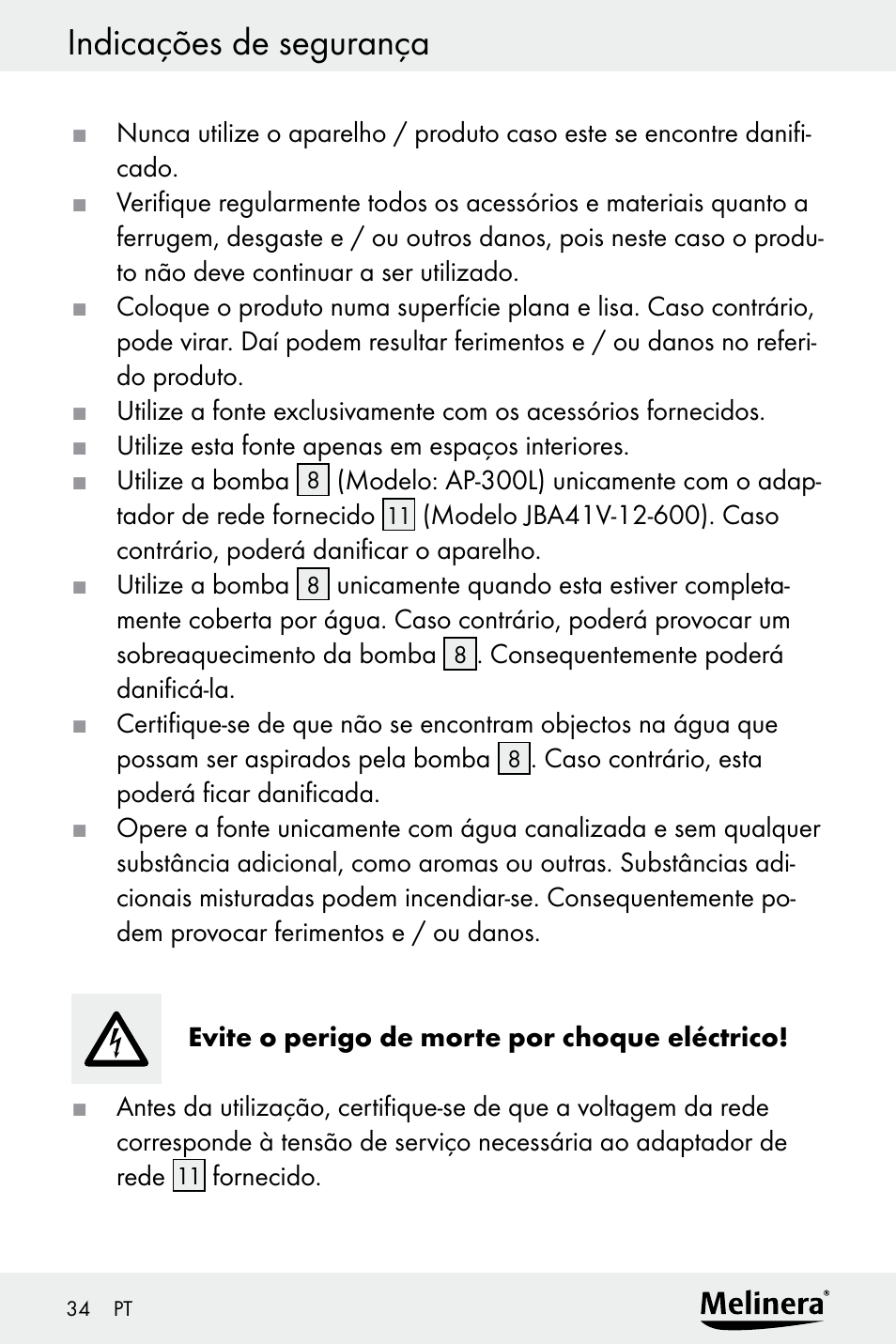 Indicações de segurança | Melinera Z30094A-D User Manual | Page 34 / 68