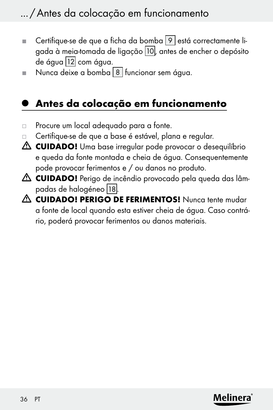 Antes da colocação em funcionamento, Colocação em funcionamento / utilização | Melinera Z30094A-D User Manual | Page 36 / 68