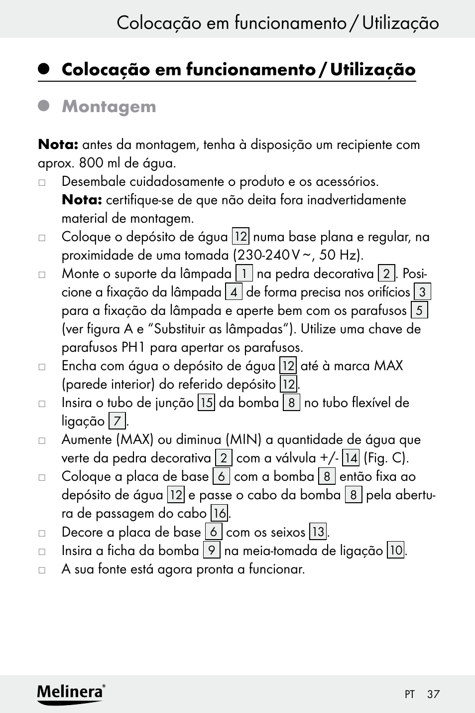 Colocação em funcionamento / utilização, Montagem | Melinera Z30094A-D User Manual | Page 37 / 68