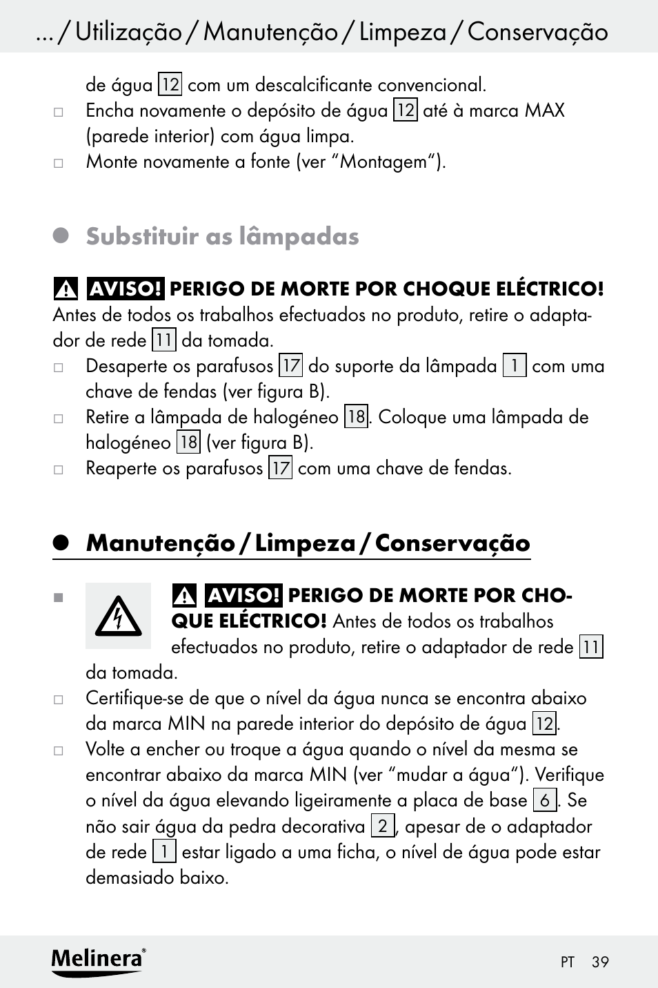 Utilização / manutenção / limpeza / conservação, Substituir as lâmpadas, Manutenção / limpeza / conservação | Melinera Z30094A-D User Manual | Page 39 / 68