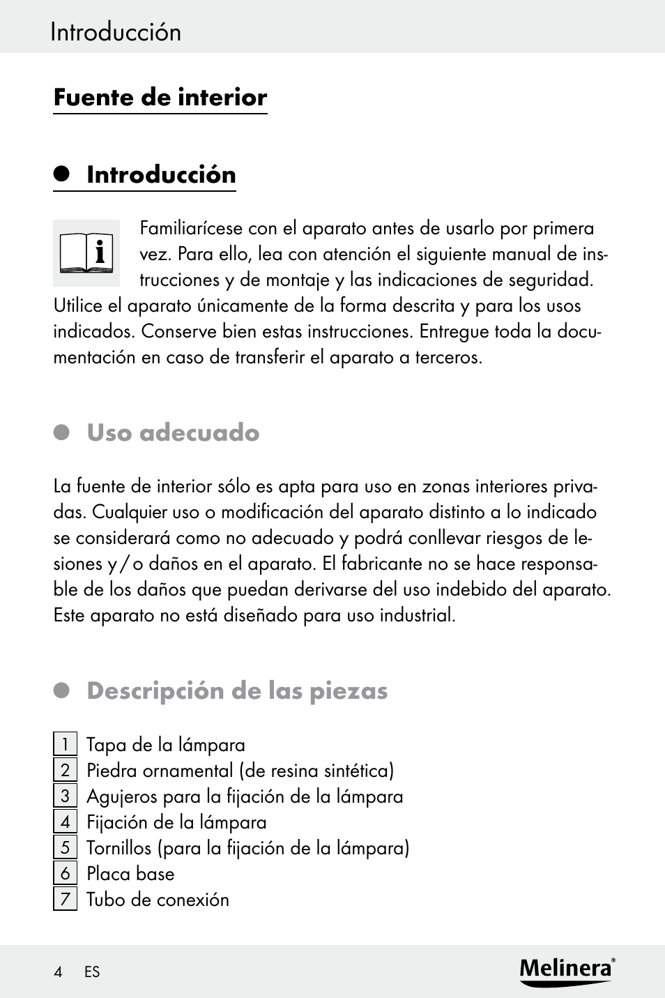 Introducción, Fuente de interior, Uso adecuado | Descripción de las piezas | Melinera Z30094A-D User Manual | Page 4 / 68