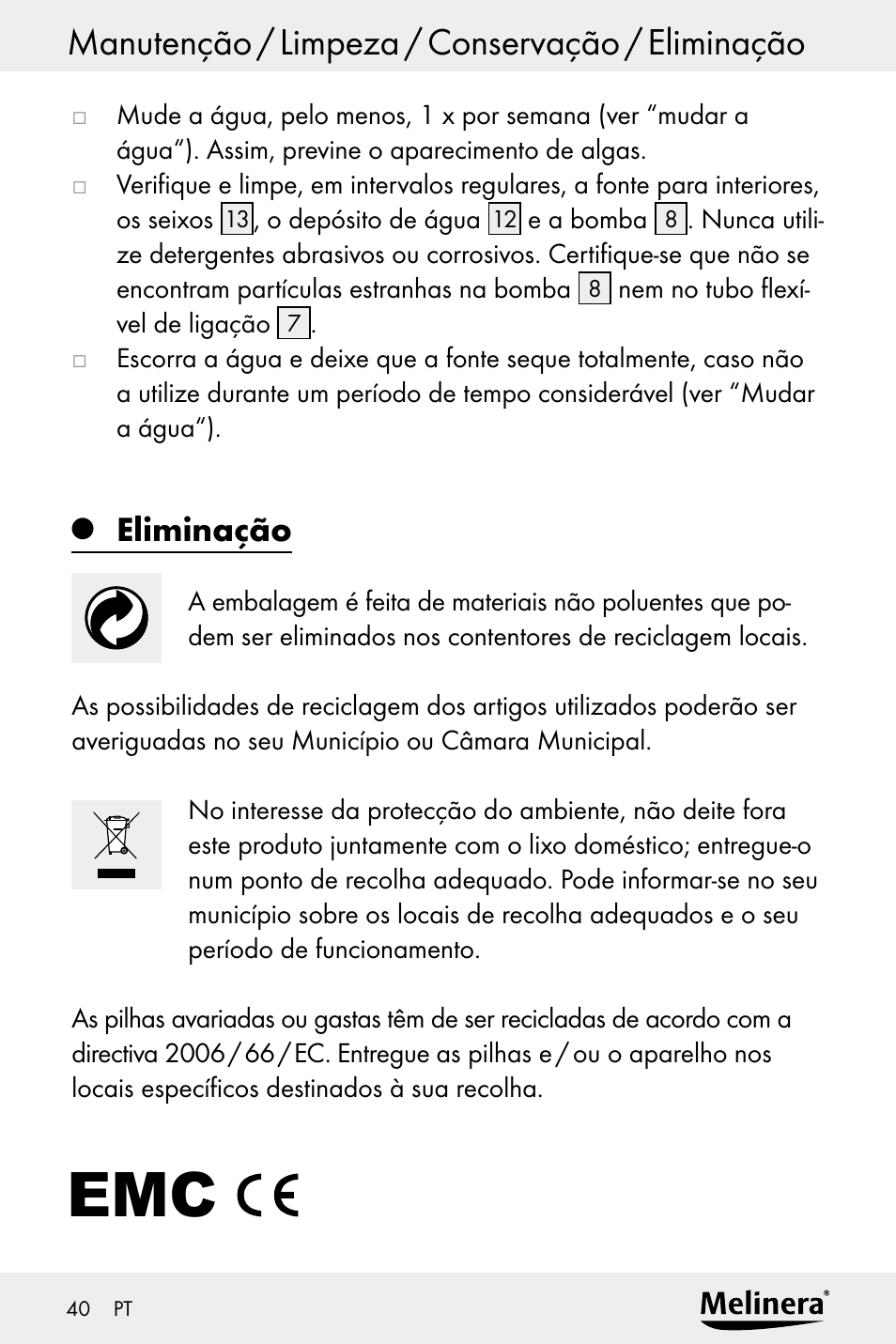 Manutenção / limpeza / conservação / eliminação, Eliminação | Melinera Z30094A-D User Manual | Page 40 / 68