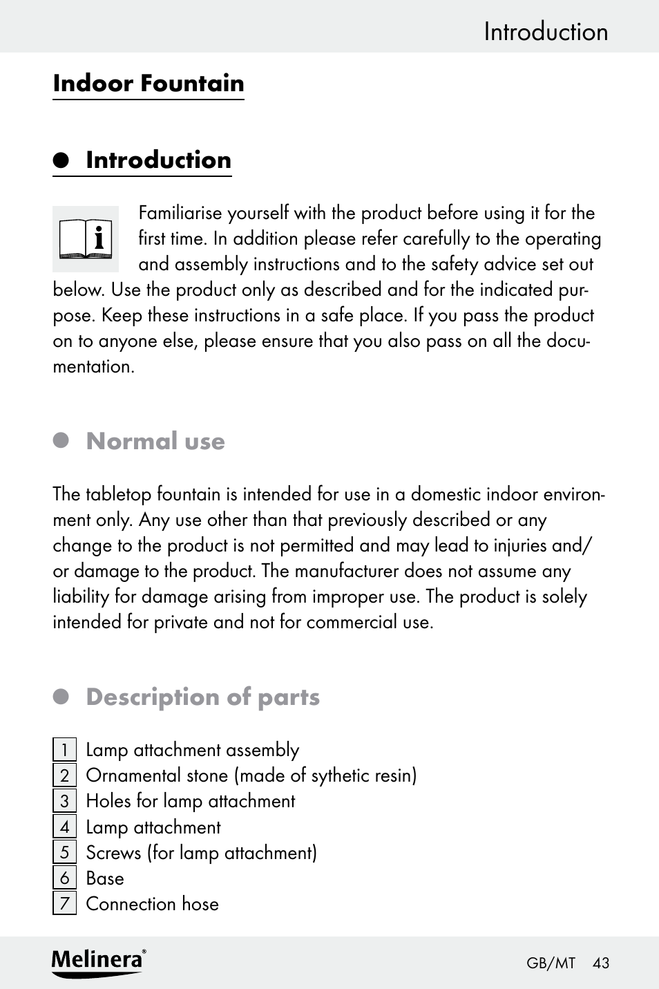 Table of contents introduction, Indoor fountain, Introduction | Normal use, Description of parts | Melinera Z30094A-D User Manual | Page 43 / 68