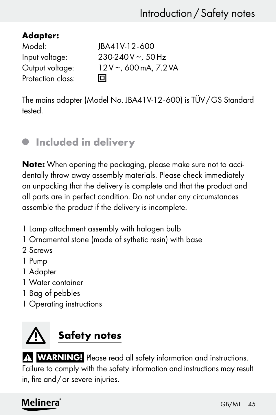 Included in delivery | Melinera Z30094A-D User Manual | Page 45 / 68