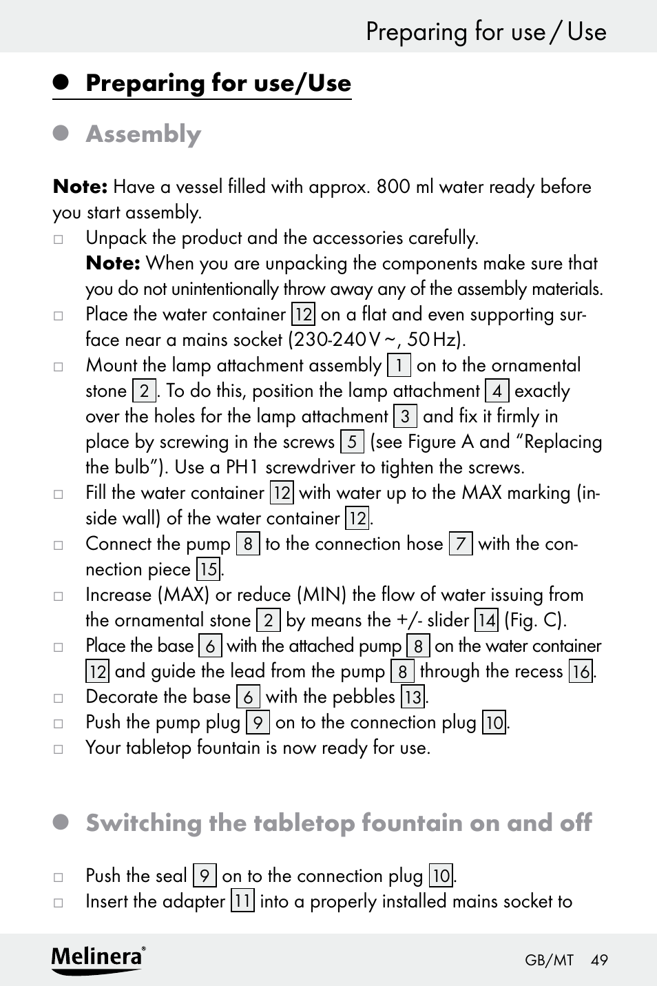 Preparing for use/use, Assembly, Switching the tabletop fountain on and off | Melinera Z30094A-D User Manual | Page 49 / 68