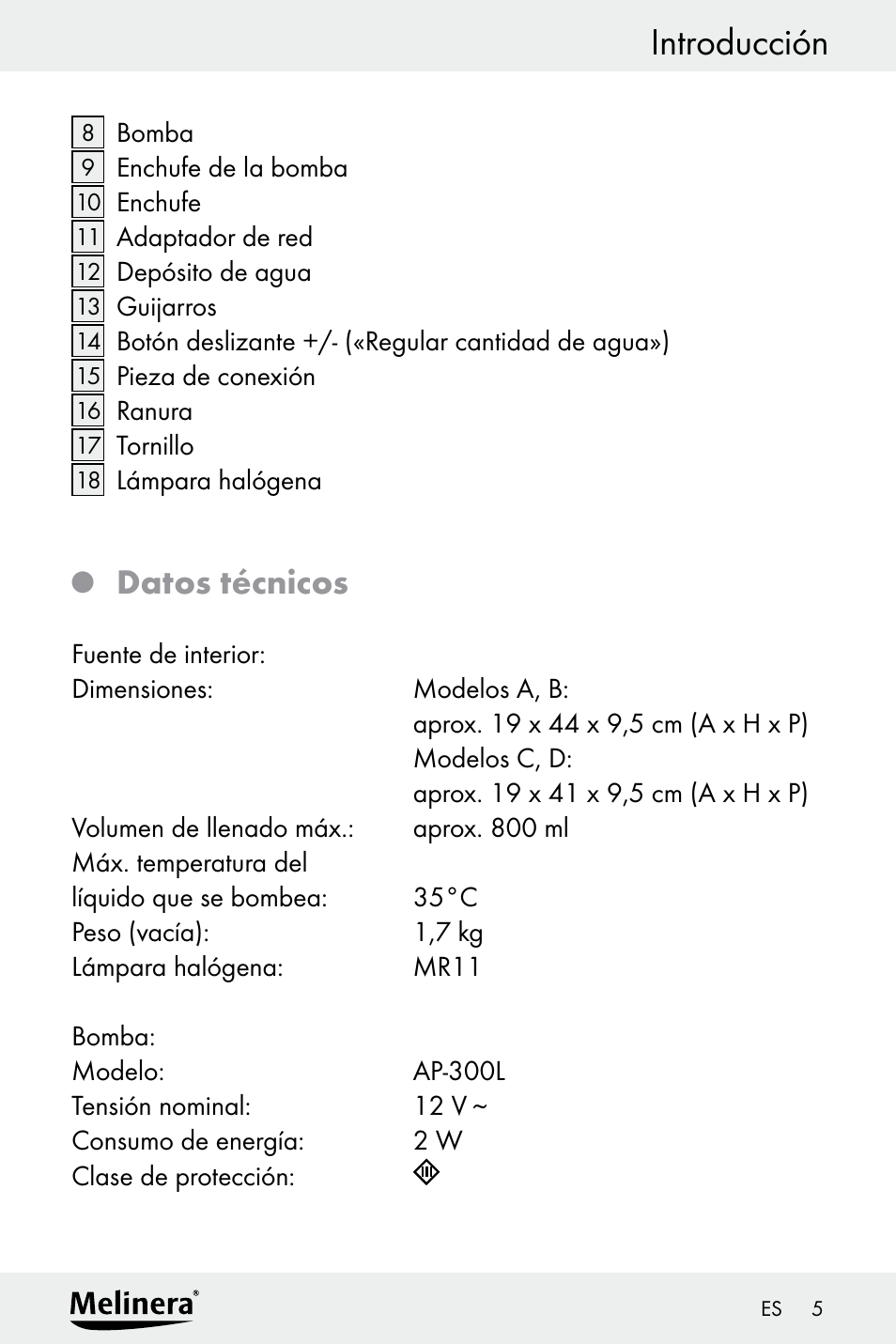 Introducción, Datos técnicos | Melinera Z30094A-D User Manual | Page 5 / 68