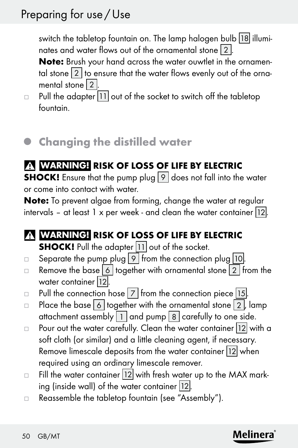 Preparing for use / use, Changing the distilled water | Melinera Z30094A-D User Manual | Page 50 / 68