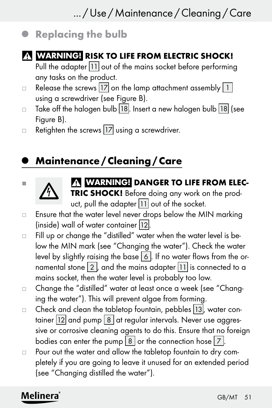 Replacing the bulb, Maintenance / cleaning / care | Melinera Z30094A-D User Manual | Page 51 / 68