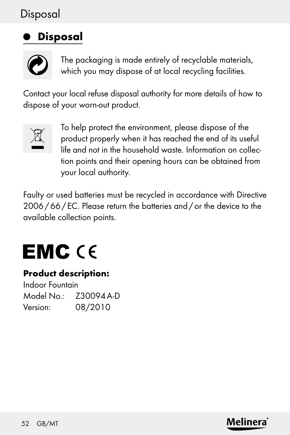 Disposal | Melinera Z30094A-D User Manual | Page 52 / 68