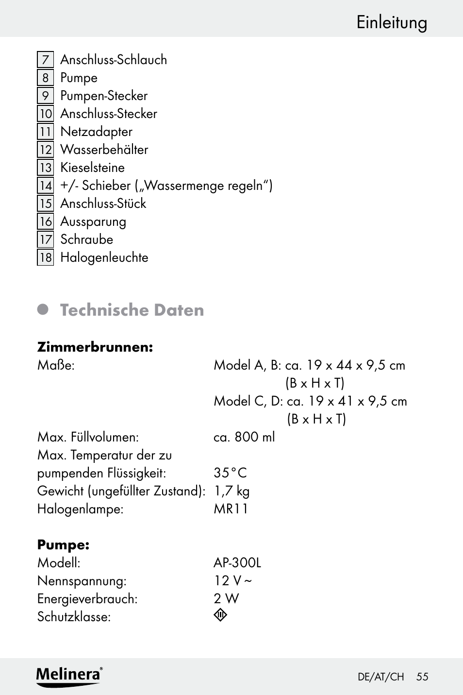 Einleitung, Technische daten | Melinera Z30094A-D User Manual | Page 55 / 68