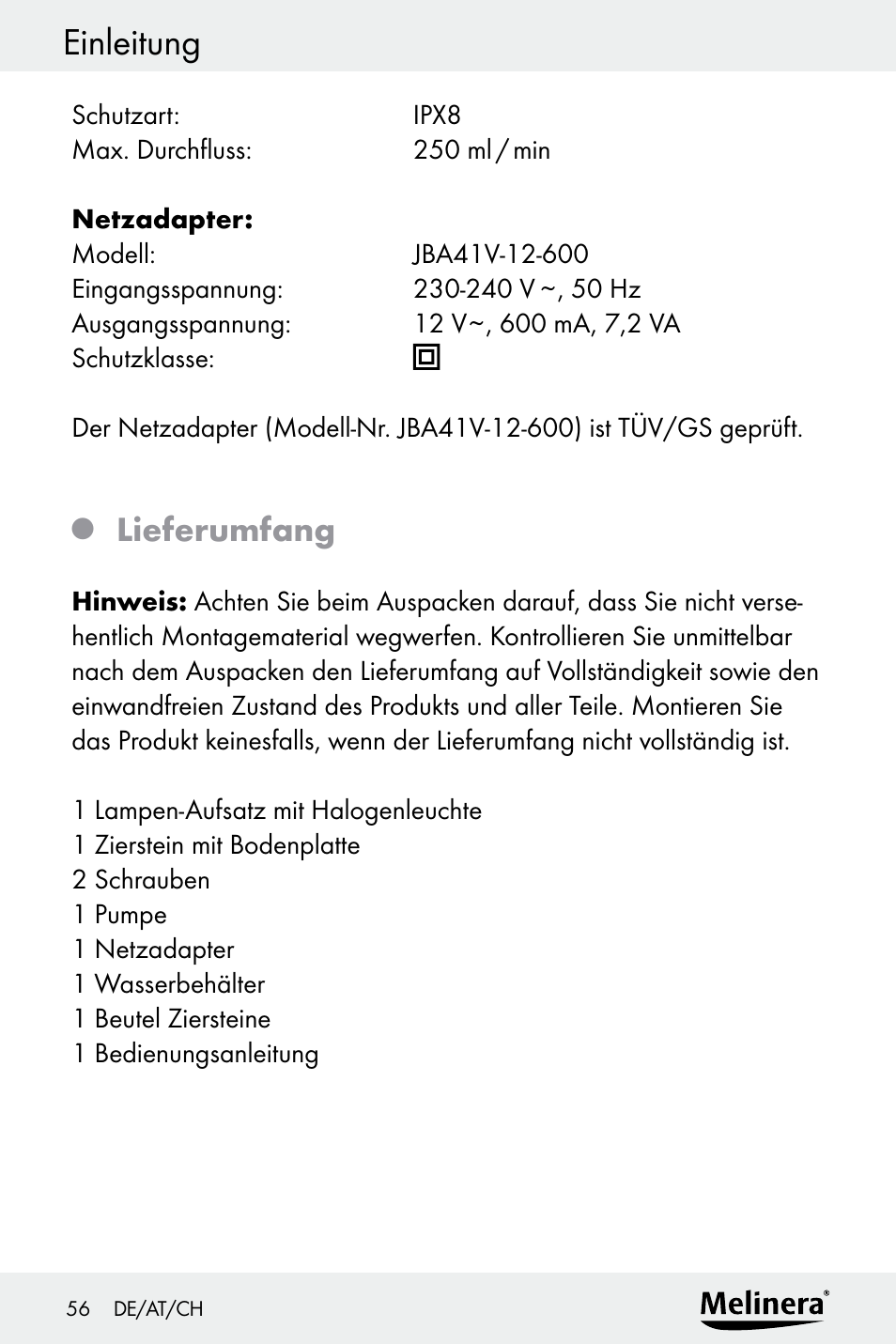 Einleitung, Lieferumfang | Melinera Z30094A-D User Manual | Page 56 / 68