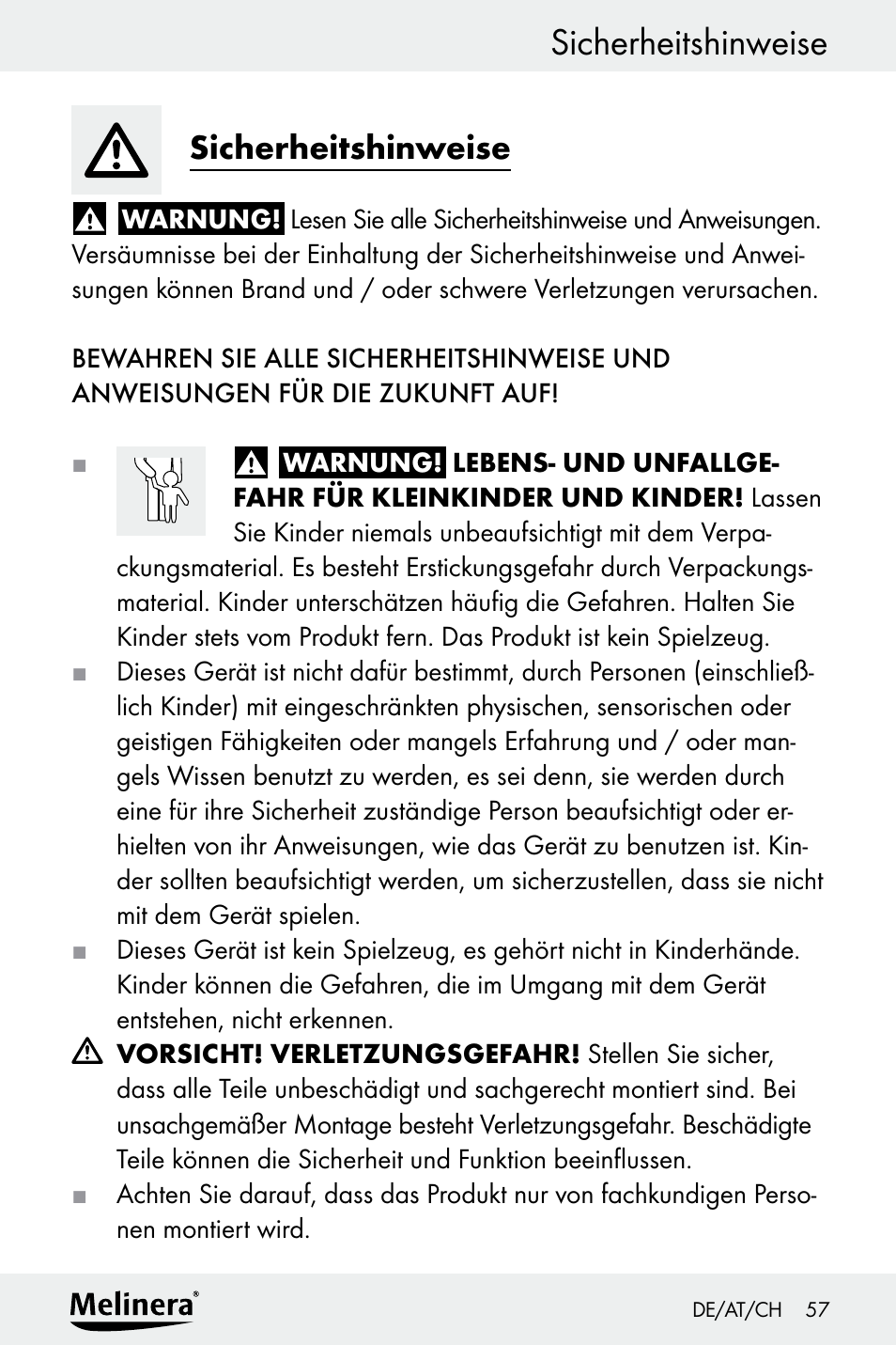 Einleitung sicherheitshinweise, Sicherheitshinweise | Melinera Z30094A-D User Manual | Page 57 / 68