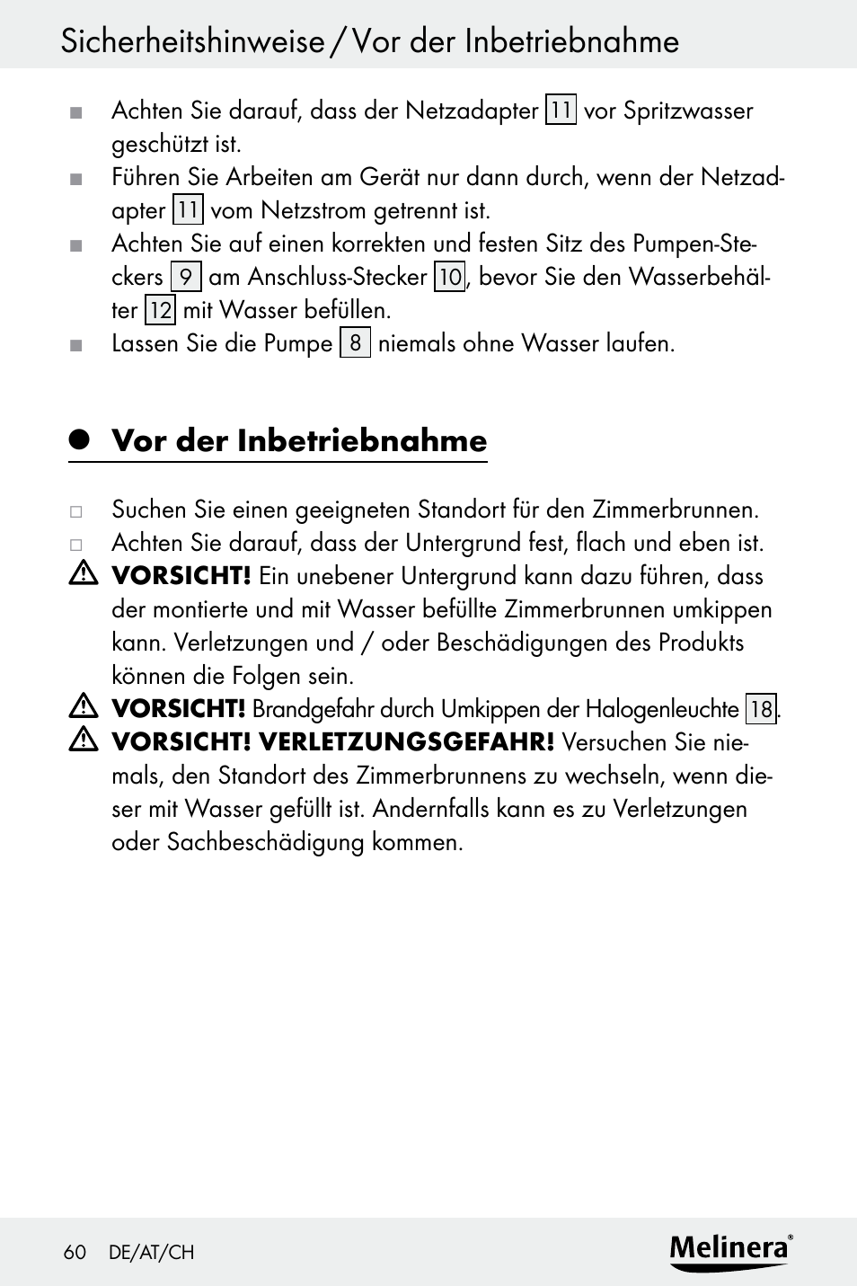 Sicherheitshinweise / vor der inbetriebnahme, Vor der inbetriebnahme | Melinera Z30094A-D User Manual | Page 60 / 68