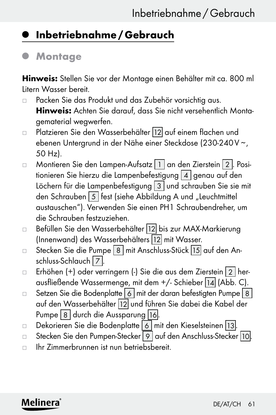 Inbetriebnahme / gebrauch, Montage | Melinera Z30094A-D User Manual | Page 61 / 68