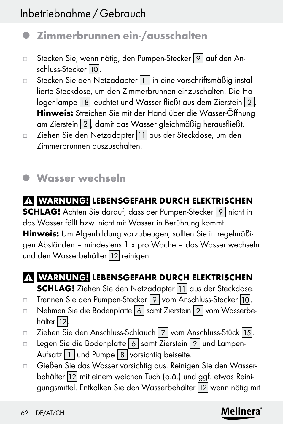 Inbetriebnahme / gebrauch, Zimmerbrunnen ein-/ausschalten, Wasser wechseln | Melinera Z30094A-D User Manual | Page 62 / 68