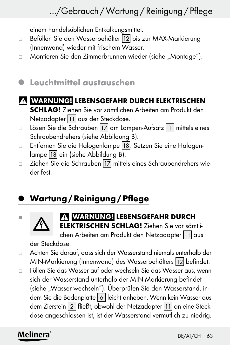 Leuchtmittel austauschen, Wartung / reinigung / pflege | Melinera Z30094A-D User Manual | Page 63 / 68