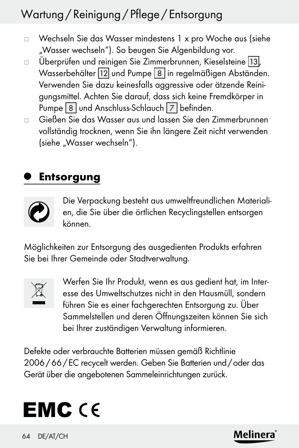 Wartung / reinigung / pflege / entsorgung, Entsorgung | Melinera Z30094A-D User Manual | Page 64 / 68