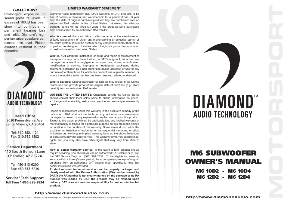 Diamond Audio Technology M6 SUBWOOFER M6 10D2 User Manual | 2 pages