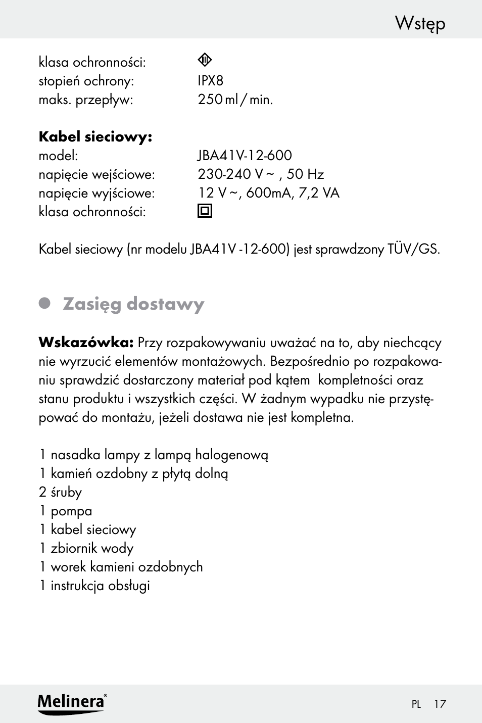 Wstęp, Zasięg dostawy | Melinera Z30094A-D User Manual | Page 17 / 88