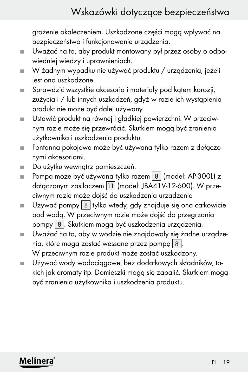 Wskazówki dotyczące bezpieczeństwa | Melinera Z30094A-D User Manual | Page 19 / 88