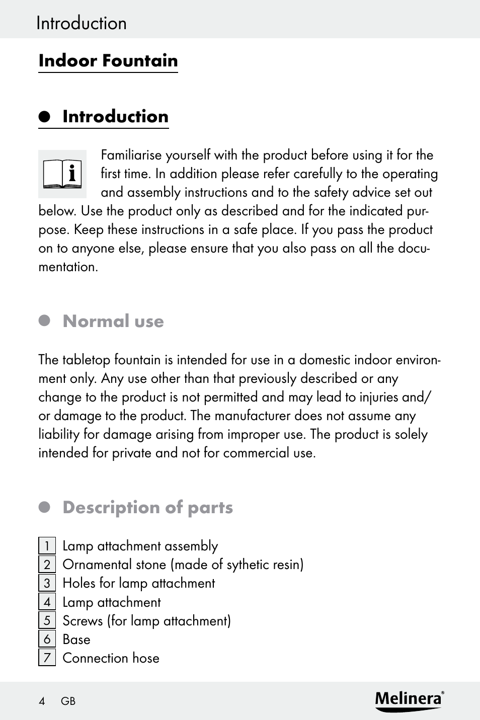 Introduction, Indoor fountain, Normal use | Description of parts | Melinera Z30094A-D User Manual | Page 4 / 88