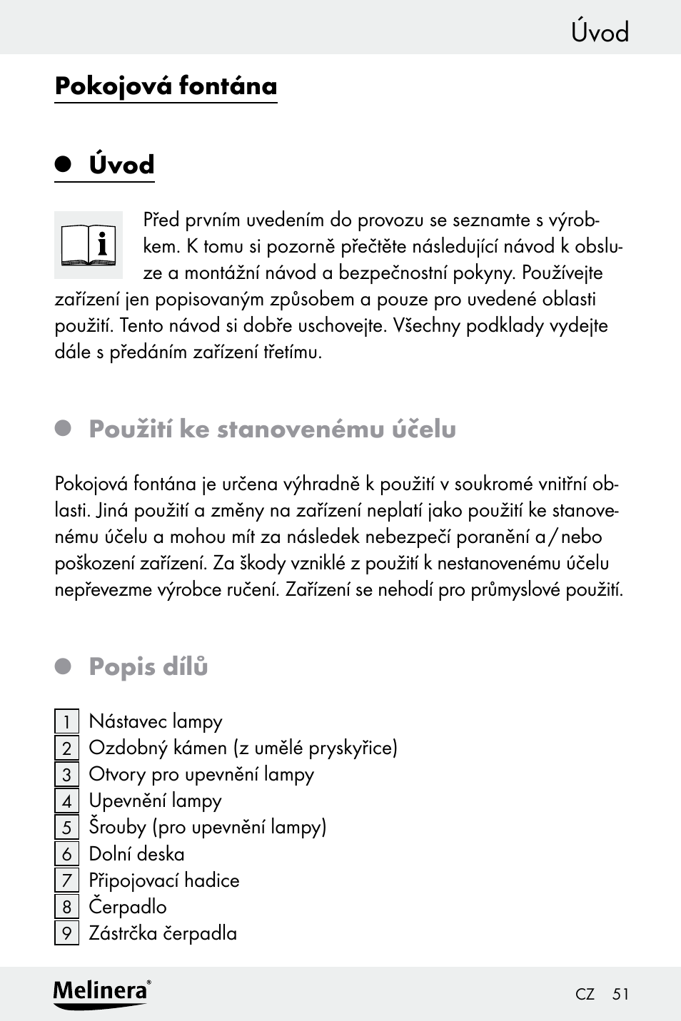 Úvod, Pokojová fontána, Použití ke stanovenému účelu | Popis dílů | Melinera Z30094A-D User Manual | Page 51 / 88