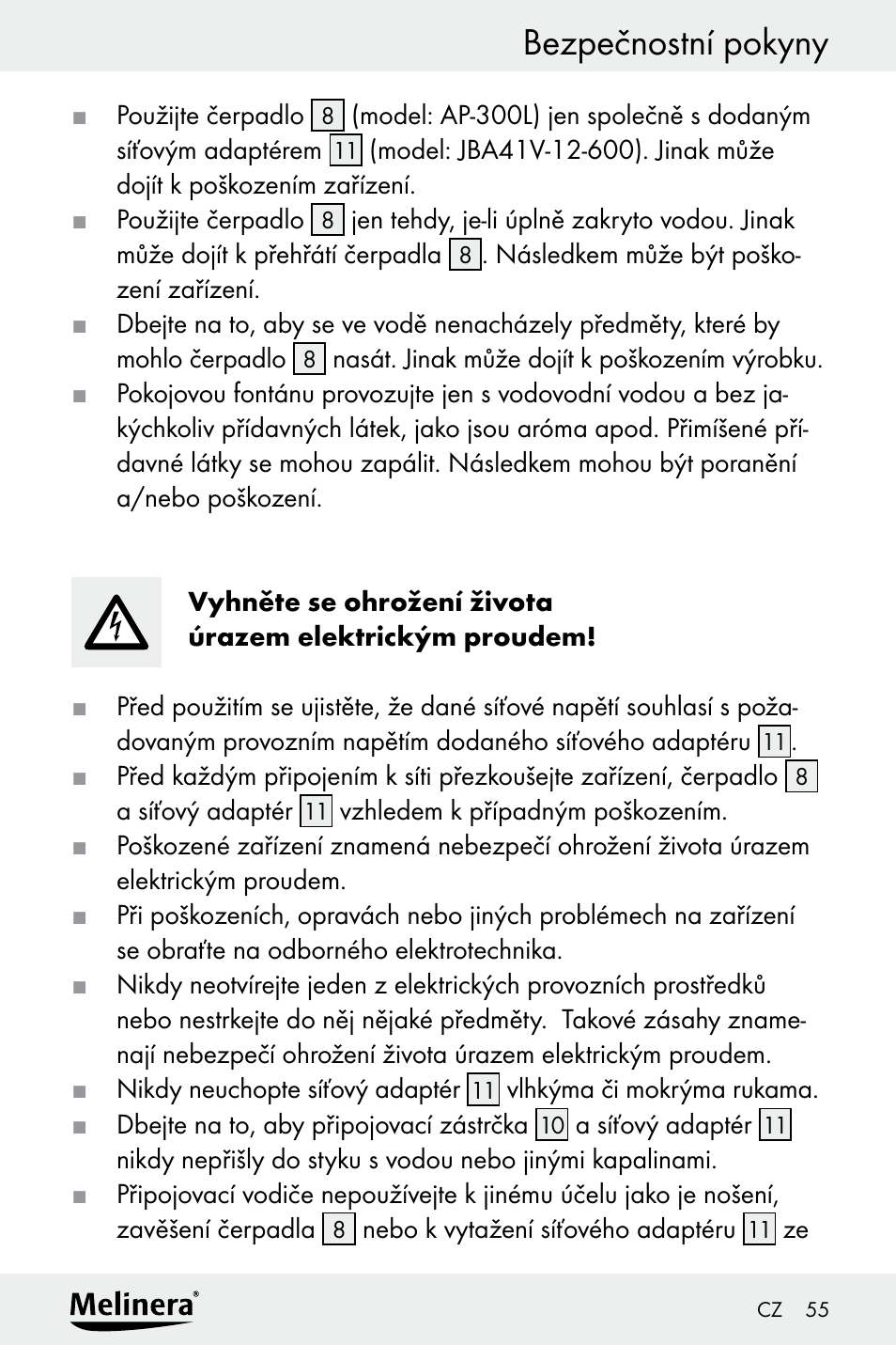 Bezpečnostní pokyny | Melinera Z30094A-D User Manual | Page 55 / 88