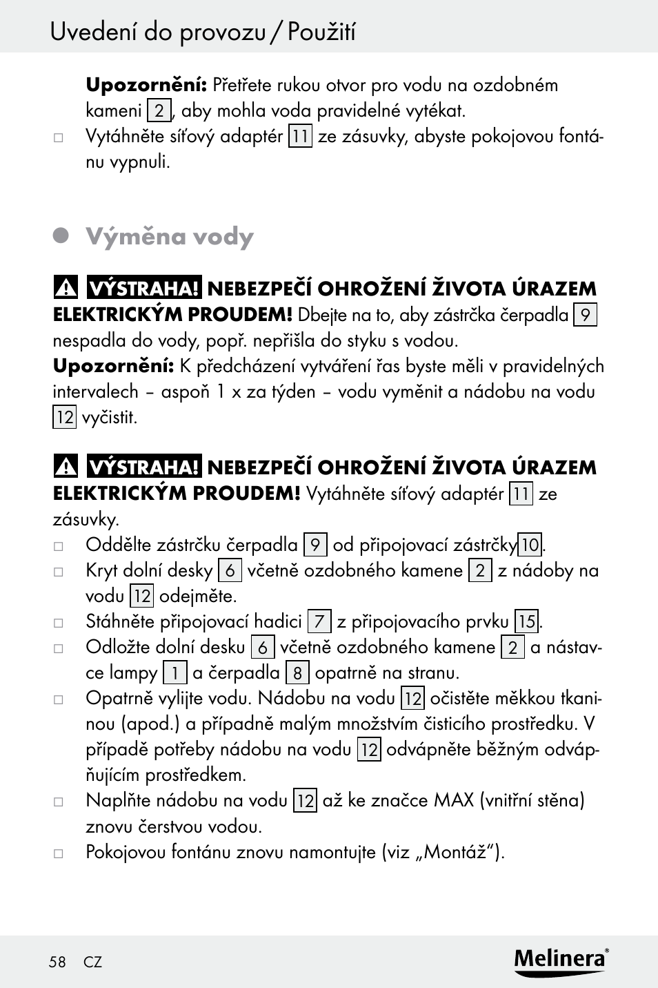 Výměna vody | Melinera Z30094A-D User Manual | Page 58 / 88