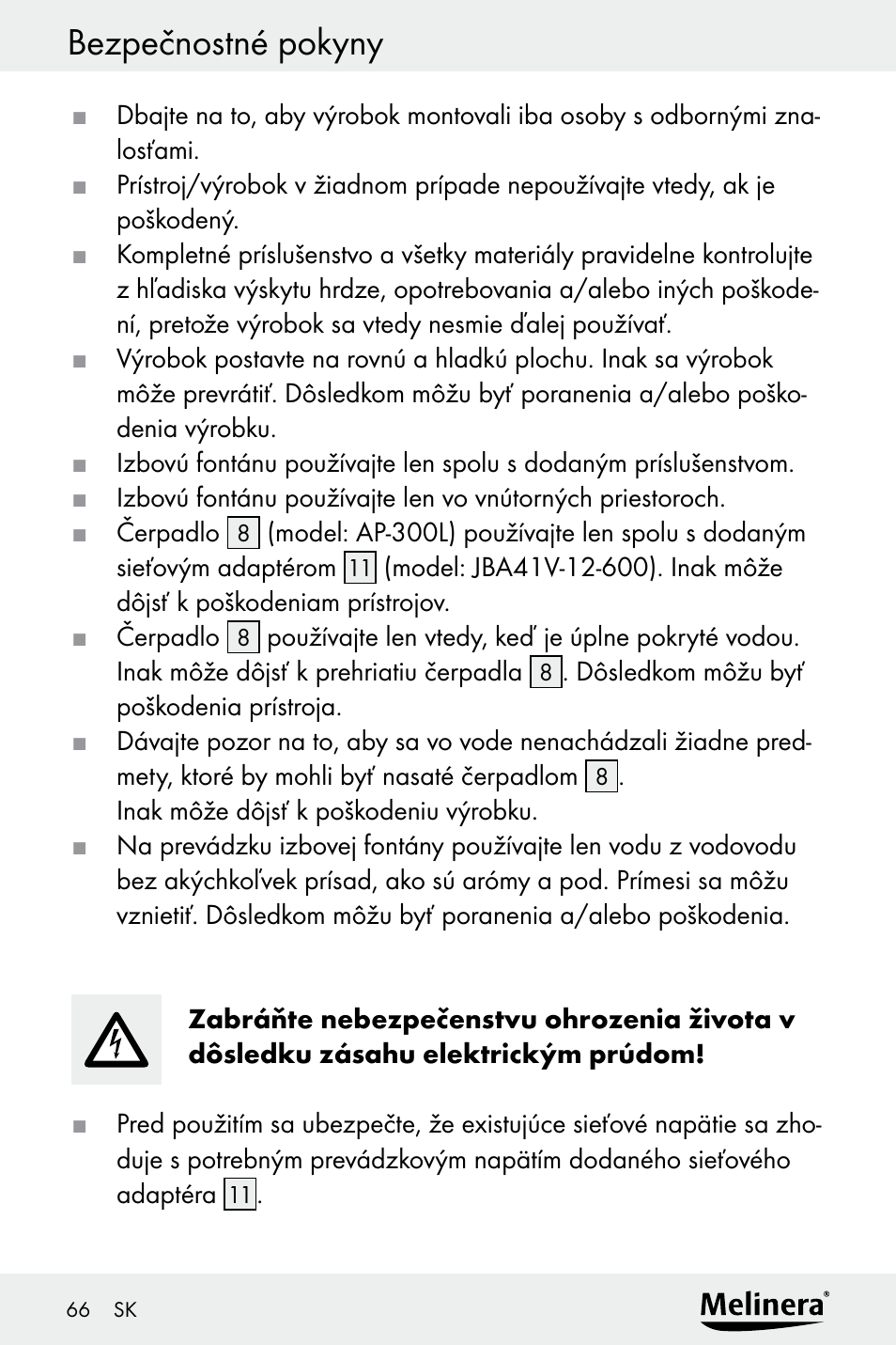 Bezpečnostné pokyny | Melinera Z30094A-D User Manual | Page 66 / 88