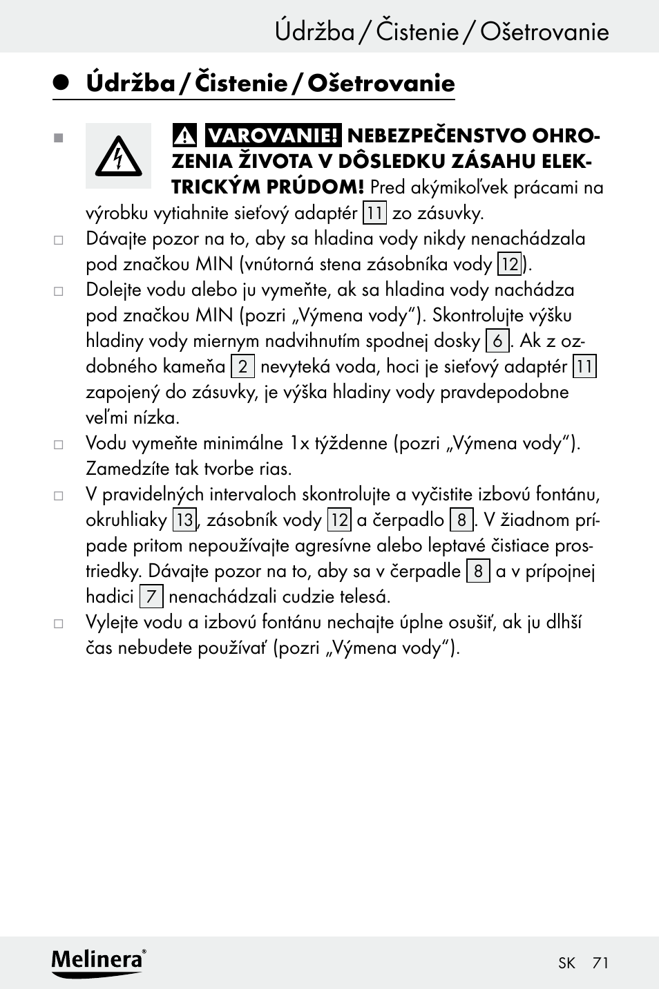 Údržba / čistenie / ošetrovanie | Melinera Z30094A-D User Manual | Page 71 / 88