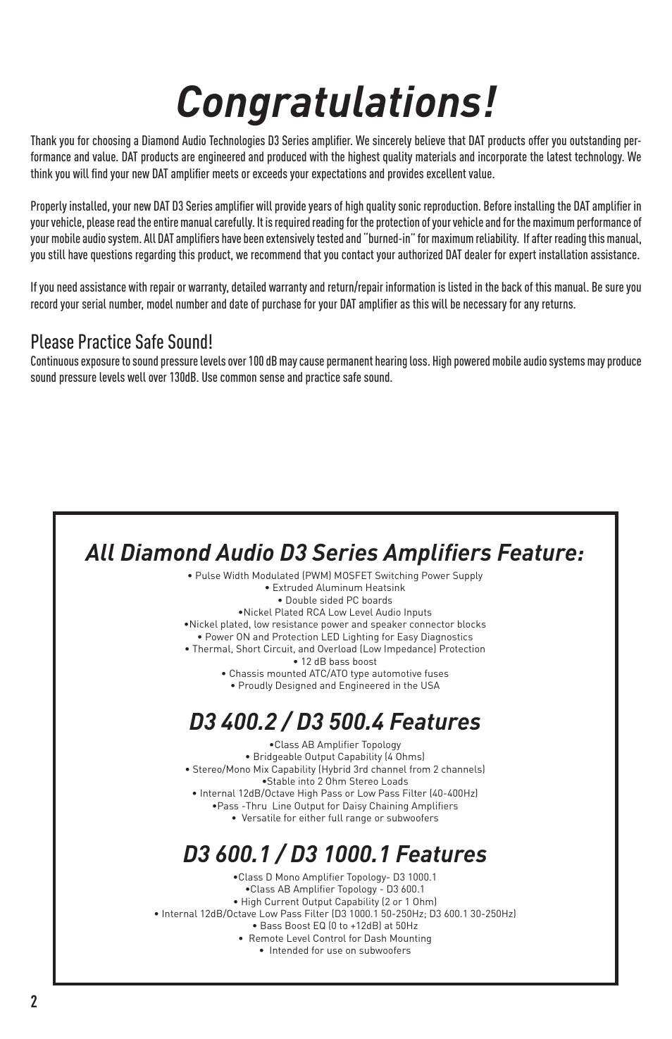 All diamond audio d3 series amplifiers feature, Please practice safe sound | Diamond Audio Technology D3 400.2 User Manual | Page 2 / 12