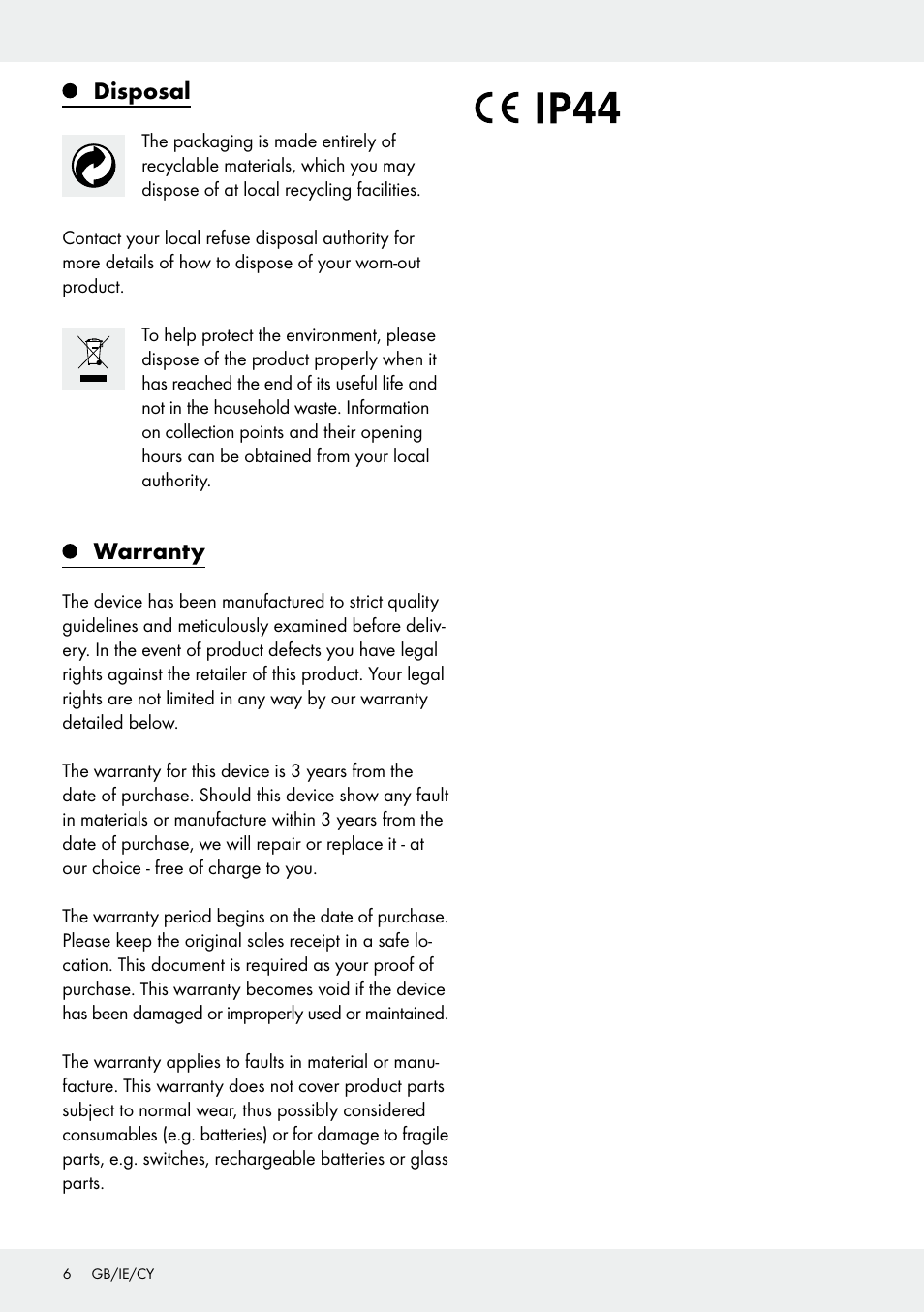 Disposal, Warranty | Melinera Z31413 User Manual | Page 6 / 10