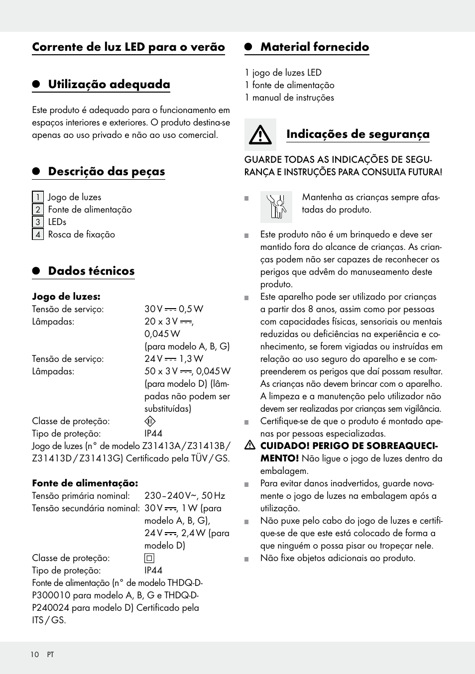 Descrição das peças, Dados técnicos, Material fornecido | Indicações de segurança | Melinera Z31413 User Manual | Page 10 / 19