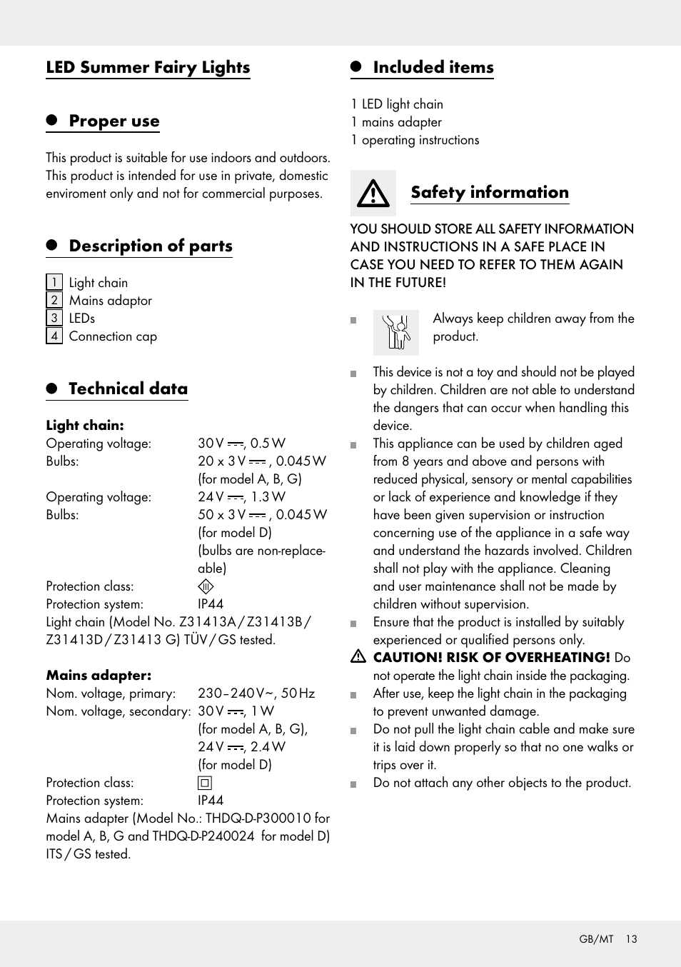 Led summer fairy lights, Proper use, Description of parts | Technical data, Included items, Safety information | Melinera Z31413 User Manual | Page 13 / 19