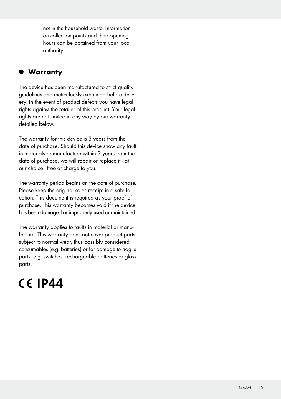 Warranty | Melinera Z31413 User Manual | Page 15 / 19