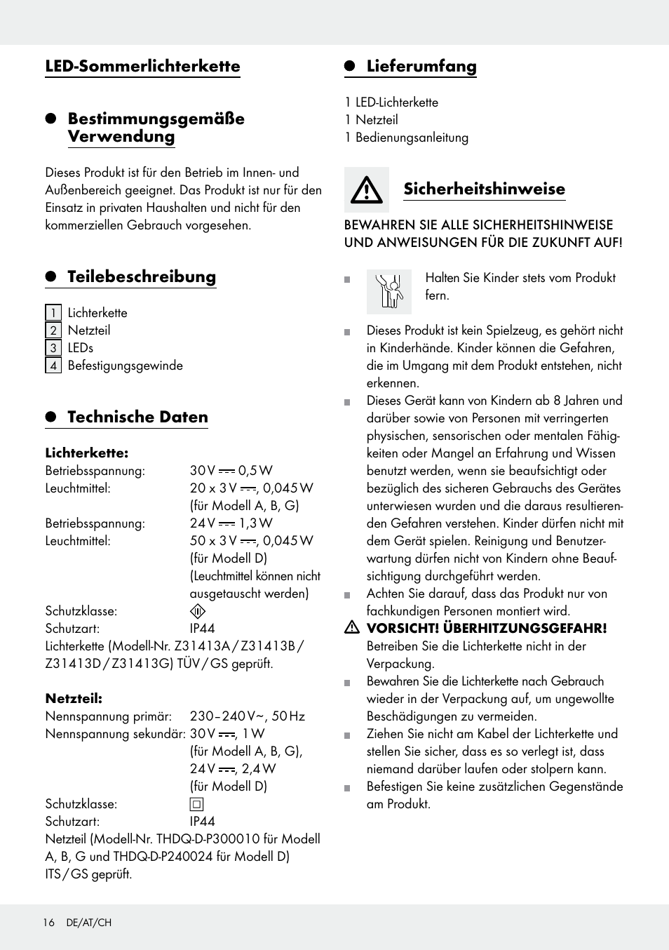 Teilebeschreibung, Technische daten, Lieferumfang | Sicherheitshinweise | Melinera Z31413 User Manual | Page 16 / 19