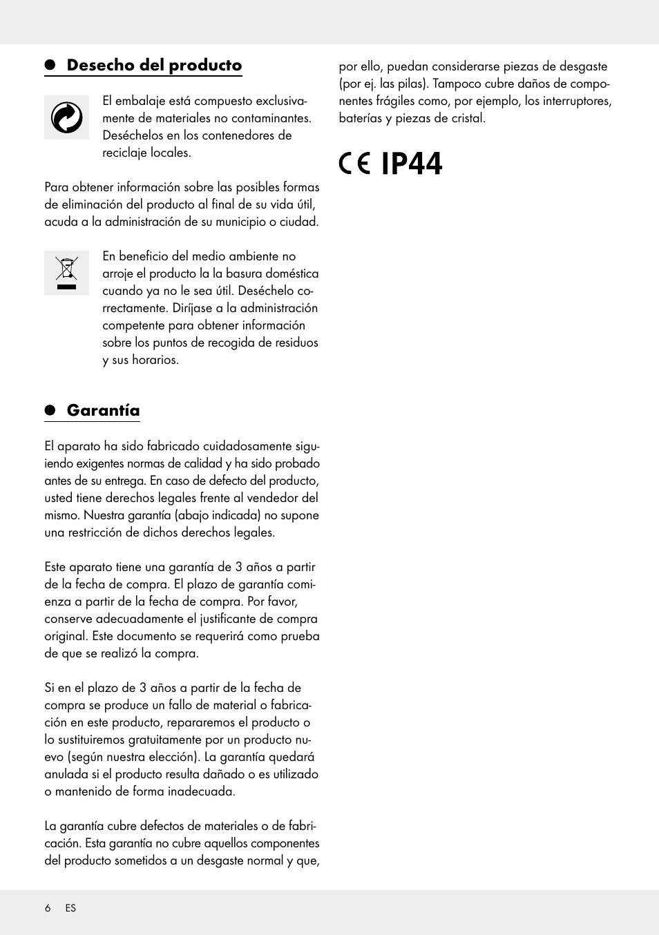 Desecho del producto, Garantía | Melinera Z31413 User Manual | Page 6 / 19