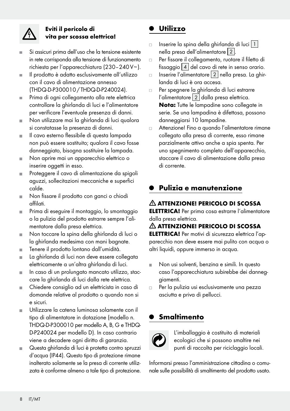 Utilizzo, Pulizia e manutenzione, Smaltimento | Melinera Z31413 User Manual | Page 8 / 19