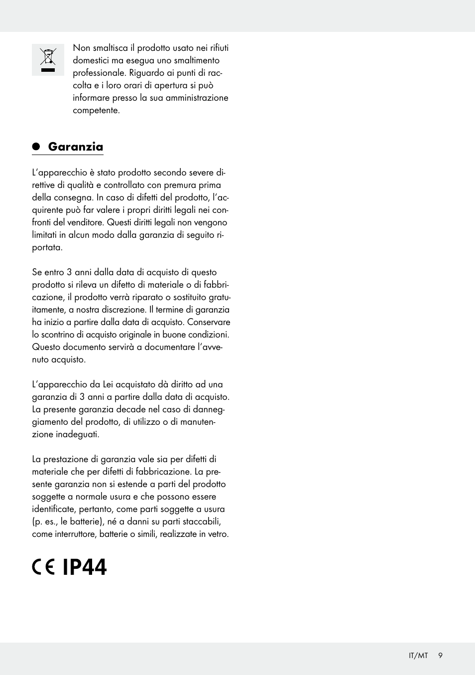 Garanzia | Melinera Z31413 User Manual | Page 9 / 19
