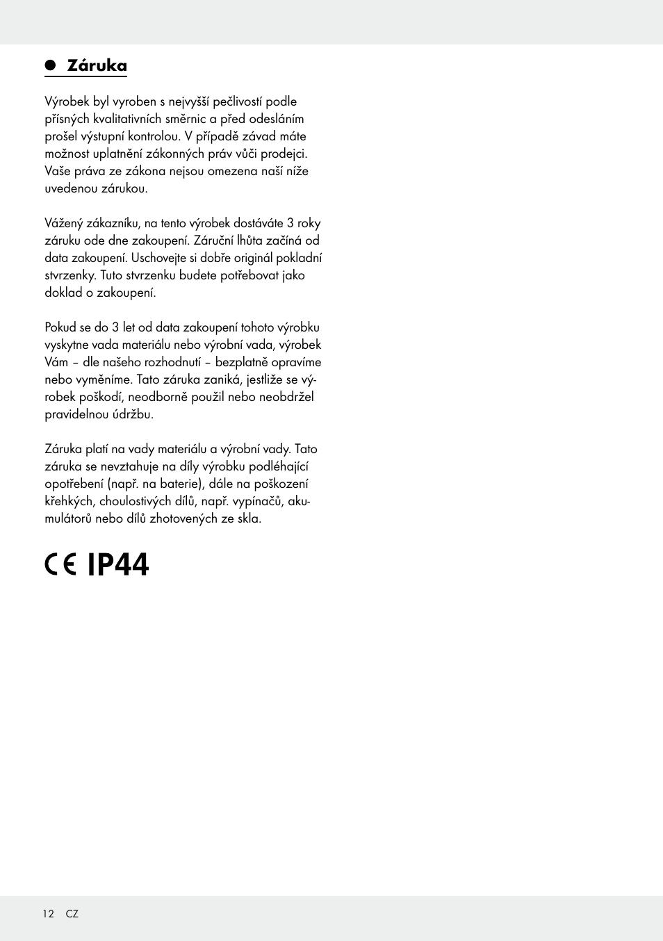 Záruka | Melinera Z31413 User Manual | Page 12 / 19