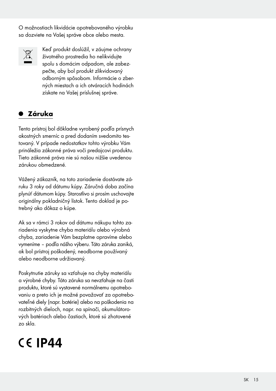 Záruka | Melinera Z31413 User Manual | Page 15 / 19