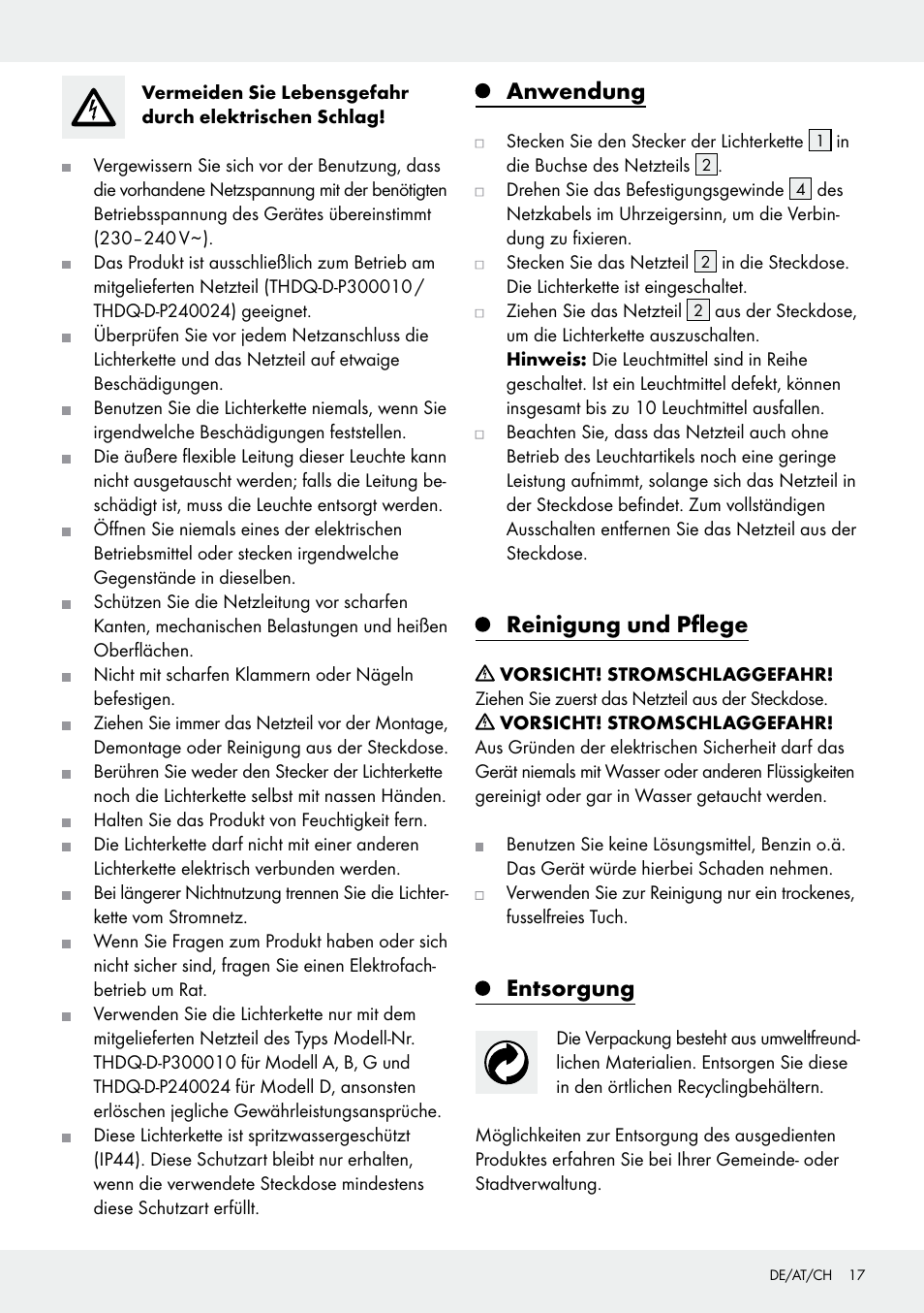 Anwendung, Reinigung und pflege, Entsorgung | Melinera Z31413 User Manual | Page 17 / 19